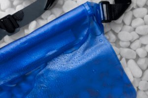 top view plastic bag floating water Close-up of strong inflatable boat fabric material
